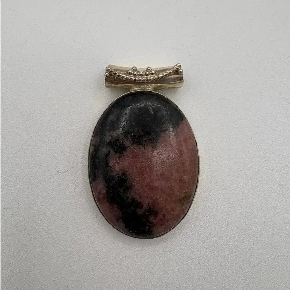 Rhodanite Pink & Black Stone Pendant in Sterling Silver Slide Setting